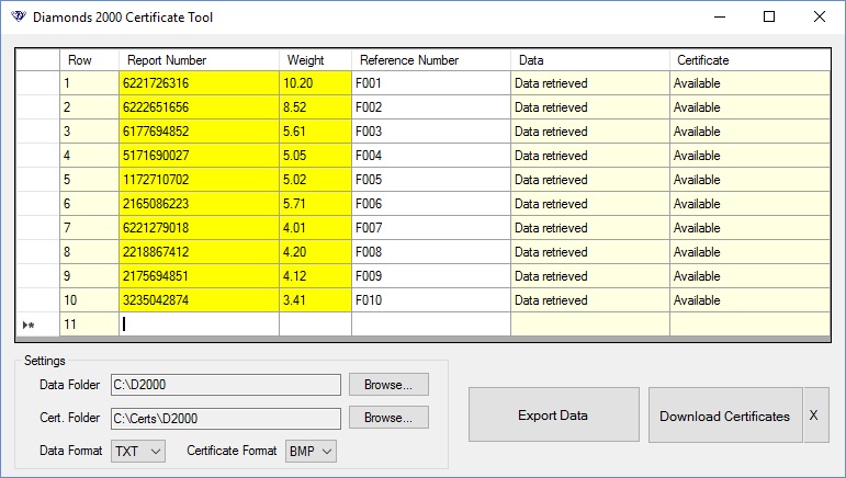 Diamonds 2000 Certificate Tool